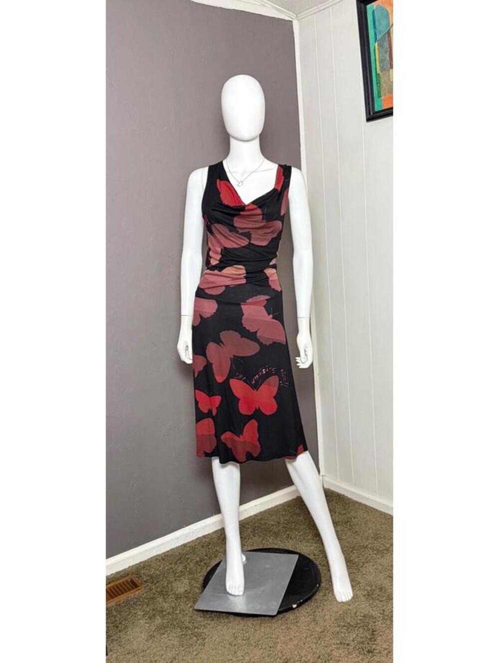 2000's Desigual Butterfly Dress Cowl Neck Bias Cut Carrie Bradshaw Look